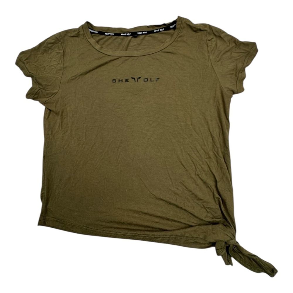 SQUAT WOLF Olive Green She Wolf Graphic‎ T Shirt Womens Size XS Tie Side